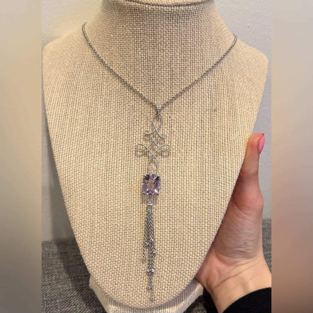 Sterling Silver 925 NH Purple Amethyst Pendant Tassel Fringe Swirl Necklace